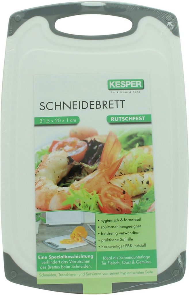 A product image of a cutting board in its packaging, with promotional text and images.