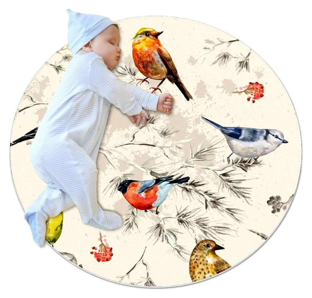 Babyteppich mit handgezeichnetem Vogel, runde Krabbeldecke, Spielmatte, Teppich für Babys, 100x100cm