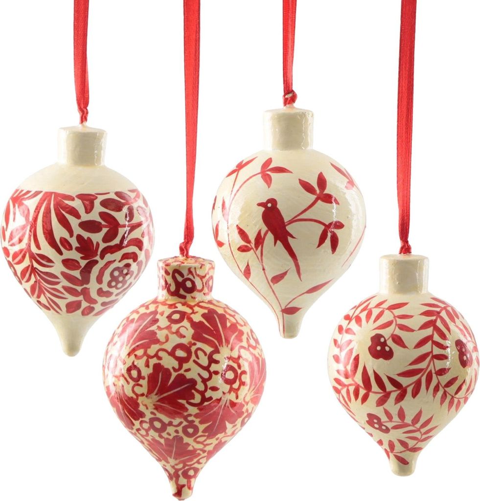 Papiermaché Hänger 4er-Set rot-weiß 12 cm Tropfenform Weihnachtsdeko zum Aufhängen – Logbuch-Verlag