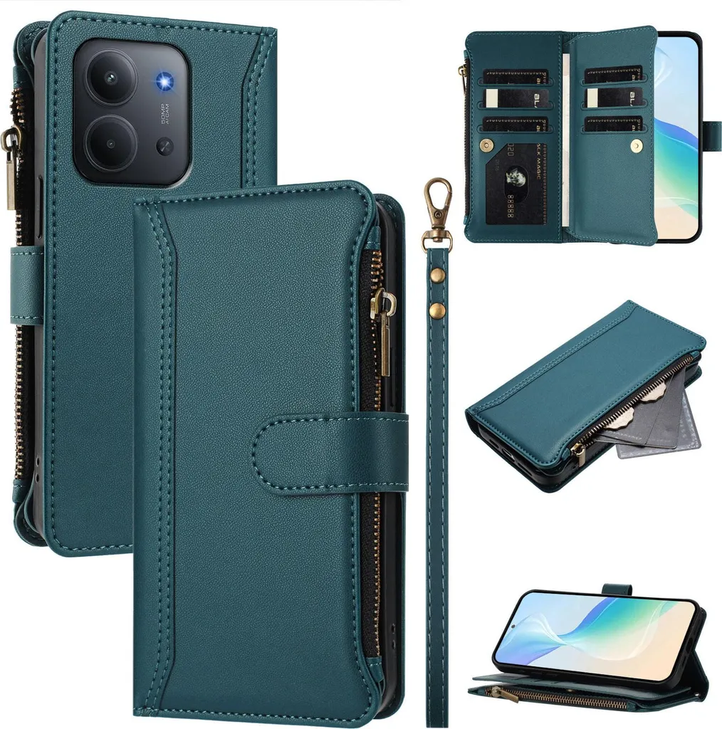 Custodia per Xiaomi Redmi 15C 4G/Redmi 15C 5G/Poco C85 4G, con cerniera, portafoglio Custodia flip in Finto cuoio con tasche per carte, supporto e passante per mano verde
