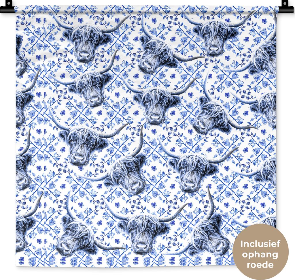 MuchoWow Wandteppich Wandbehang Schottisches Hochlandrind - Kuh - Delfter Blau 60x60 cm Tapisserie Dekoration Wandtuch - Dekorationen - Wand Decke