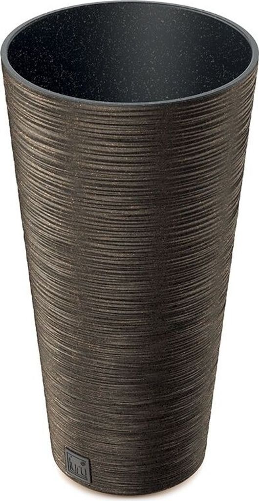A tall, textured planter pot with a dark interior.