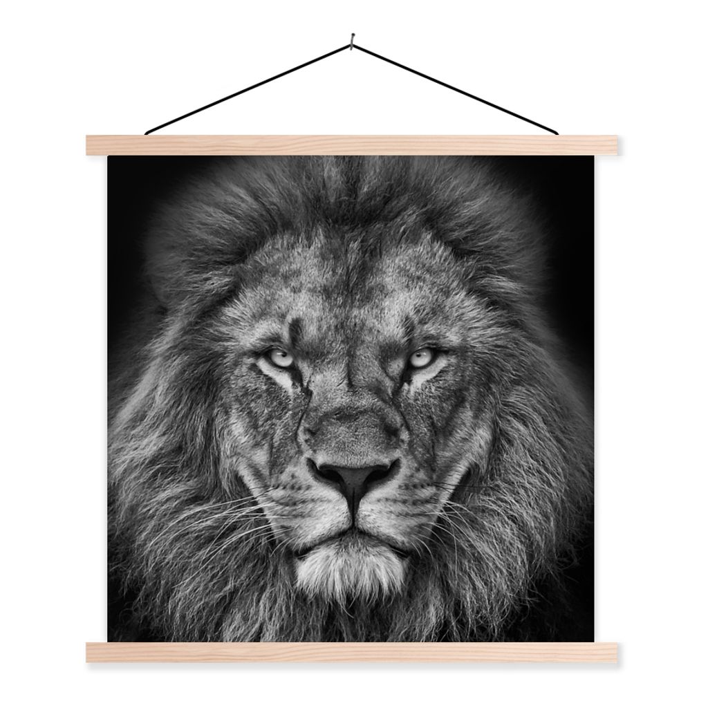 MuchoWow Textilposter Tiere - Löwe - Schwarz - Weiß - Porträt 40x40 cm mit holzfarbenen Rahmen - Posterleiste