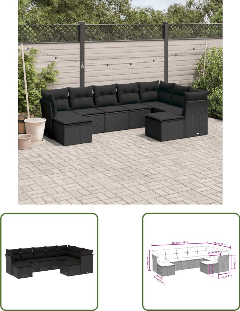 The Living Store 9-tlg. Garten-Sofagarnitur mit Kissen Schwarz Poly Rattan