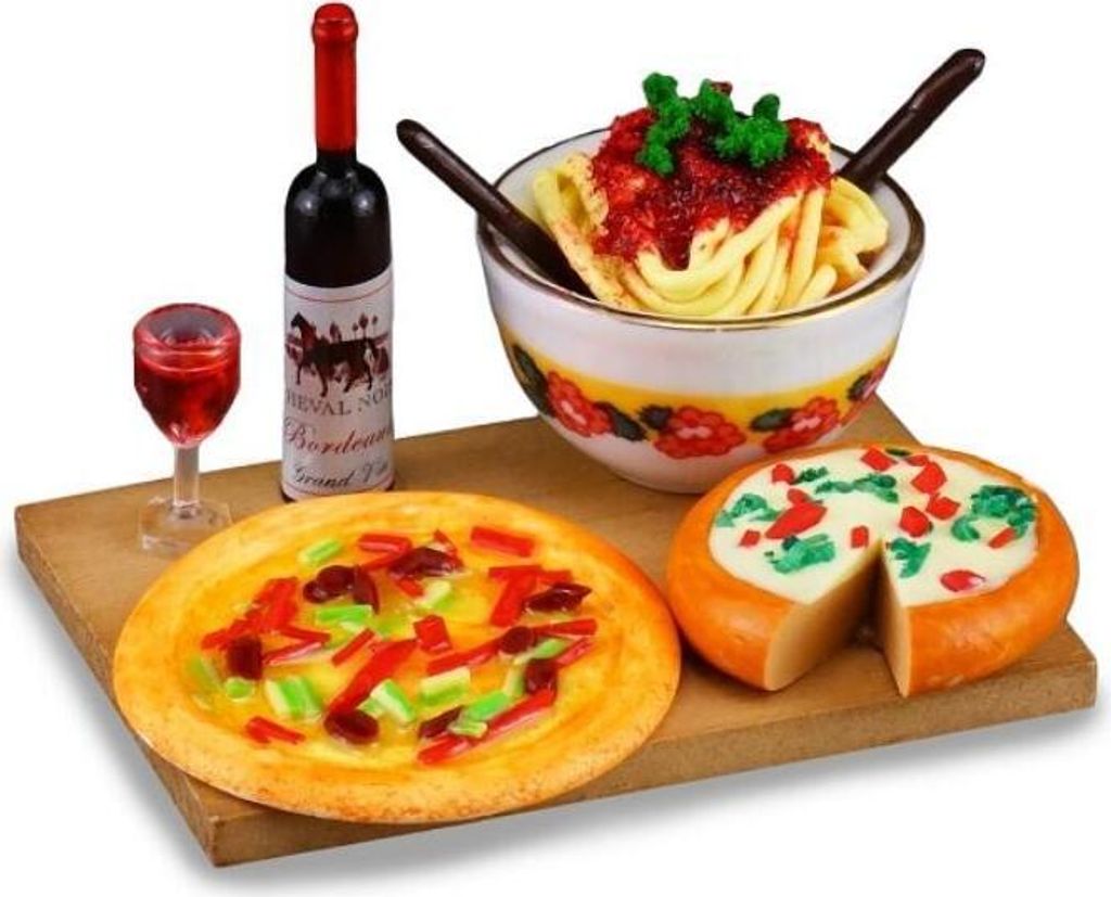 Miniatur Pizzabrett Antonio mit Pizzen, Wein und Spaghetti