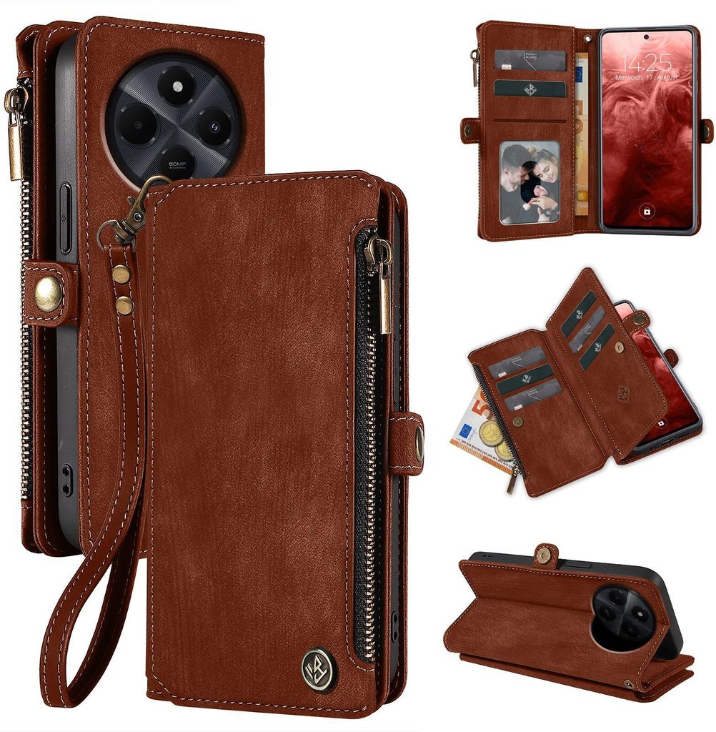 A collage of images showcasing a brown leather wallet-style phone case with multiple views and compartments.