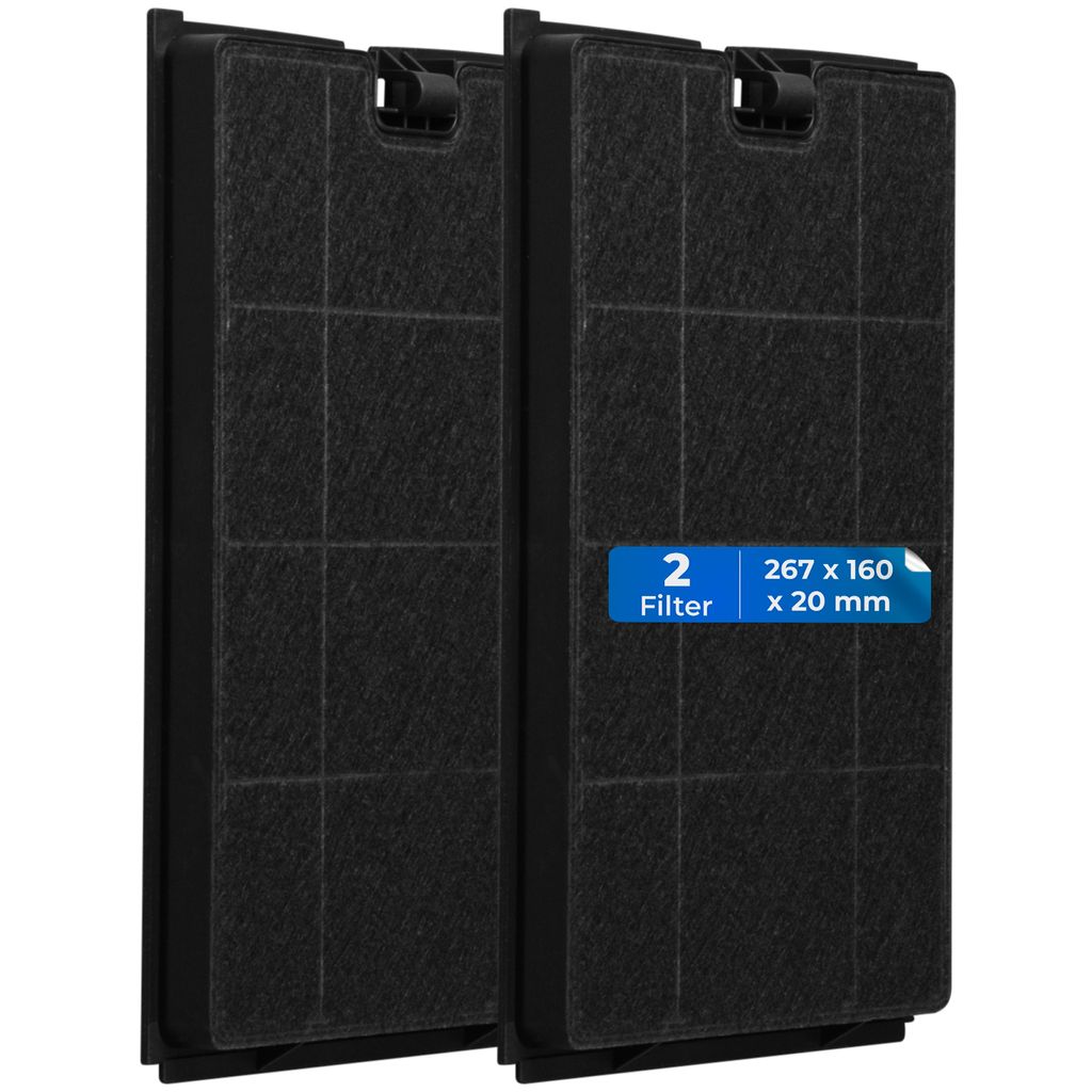 Two black activated carbon filters for a cooker hood, shown from the front.