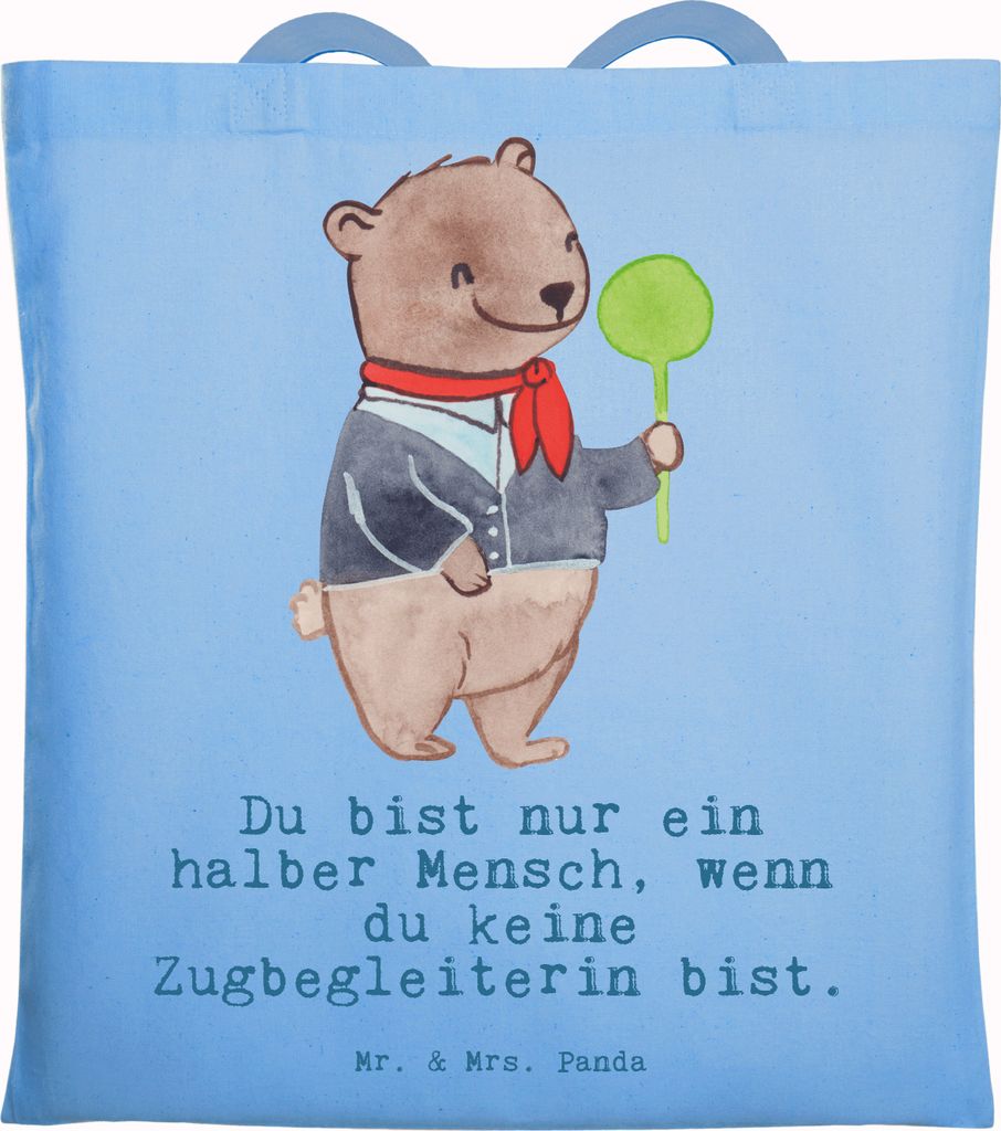 Mr. & Mrs. Panda Tote Bag Zugbegleiterin Herz - Sky Blue - Geschenk, Laptoptasche, Tasche, baumwoll shopper, Baumwollbeutel, Tragetasche