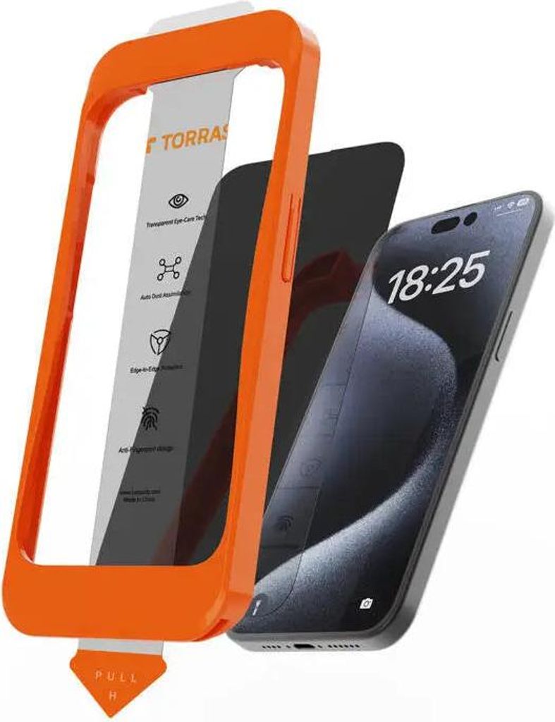 A screen protector installation kit for a smartphone, showing the phone, the screen protector, and an orange installation frame.
