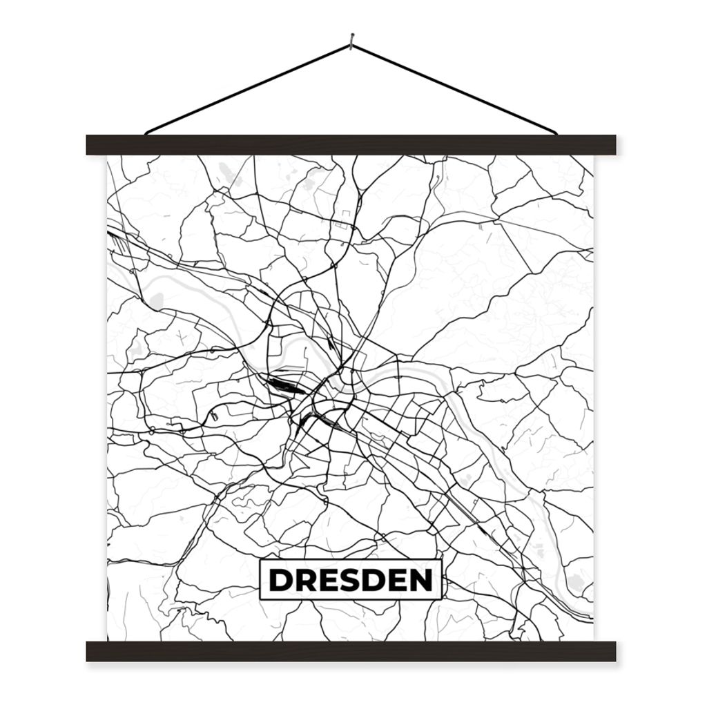 MuchoWow Textilposter Dresden - Stadtplan - Karte 120x120 cm mit schwarzem Rahmen - Aufhängungsset