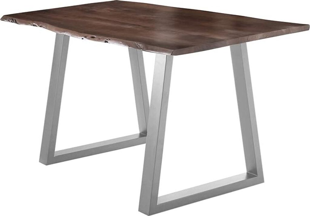Esstisch 160x85 cm Lubin, Akazienholz nussbaumfarben, Massiver Esszimmertisch mit echter Baumkante, Baumkantentisch mit V-Gestell Silber, Holztisch...