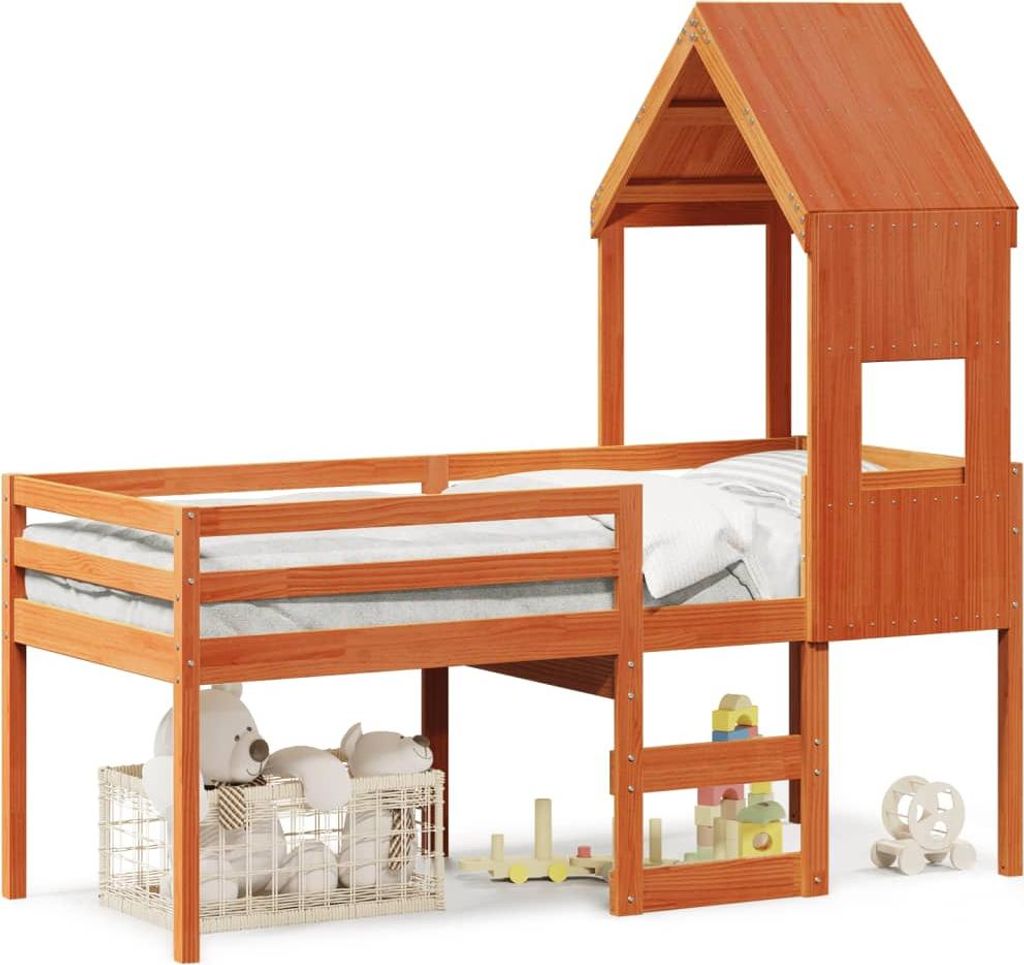 vidaXL Hochbett mit Dach Wachsbraun 75x190 cm Massivholz Kiefer