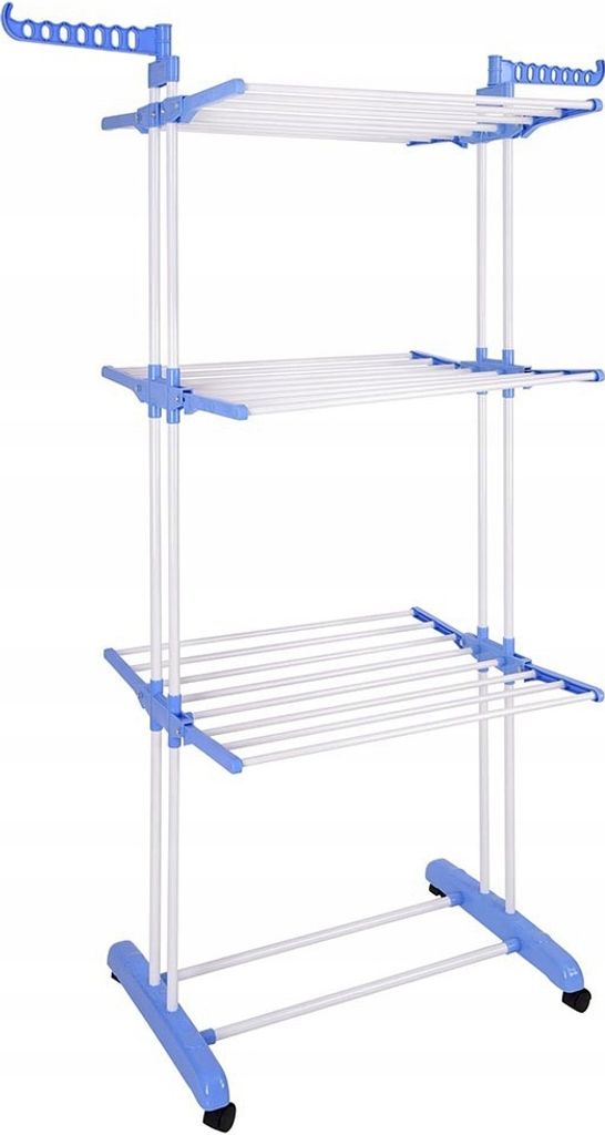 A three-tier clothes drying rack with blue accents and white drying lines, shown against a white background.