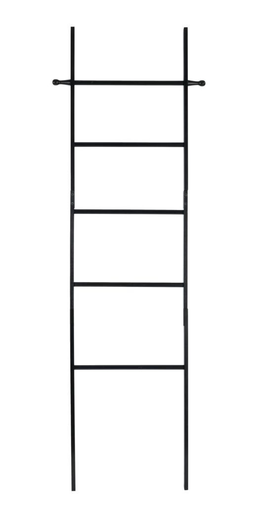 A black metal towel rack with five horizontal bars and two vertical supports.