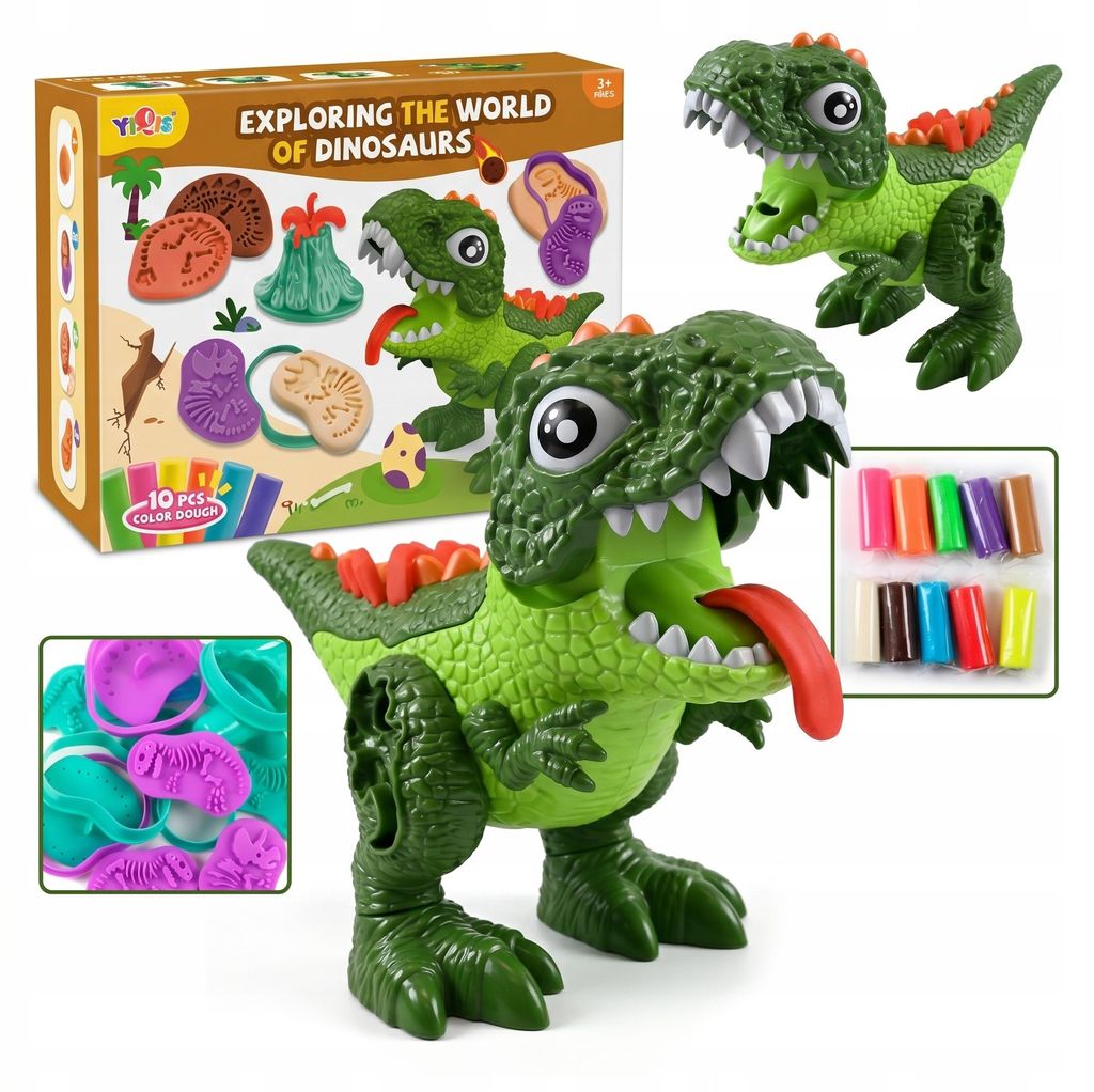 T-Rex Knetset mit 10 Farben Knete & Dinosaurier Förmchen - Kreatives Spielzeug für Kinder