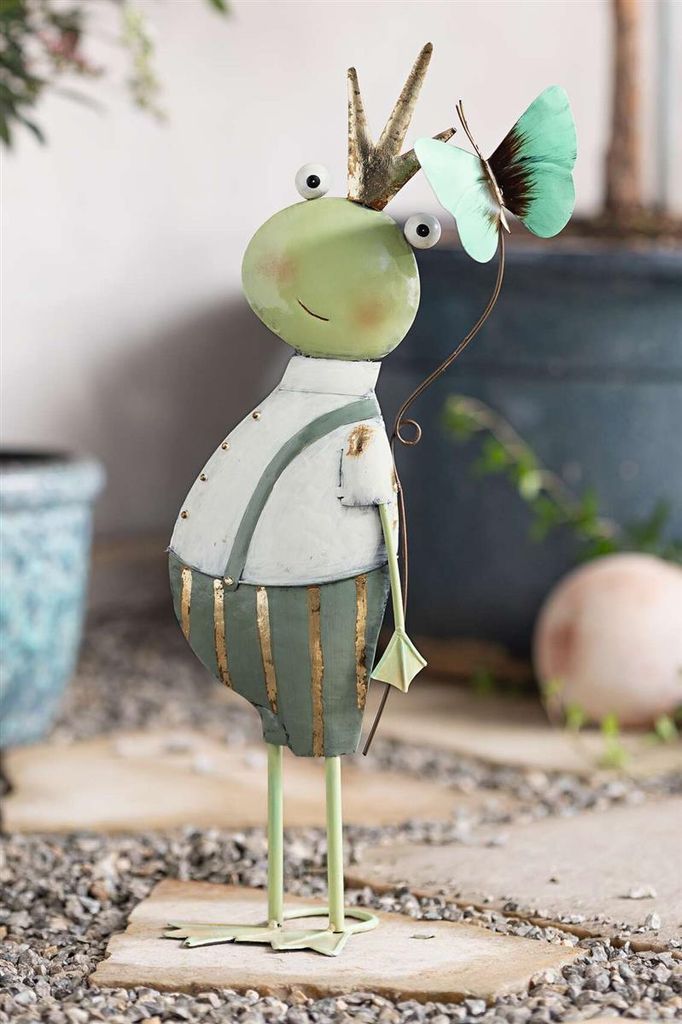 Dekofigur "Frosch mit Schmetterling" aus Metall, 49 cm hoch, Froschkönig, Froschfigur, Froschdeko, Gartendeko für Draußen