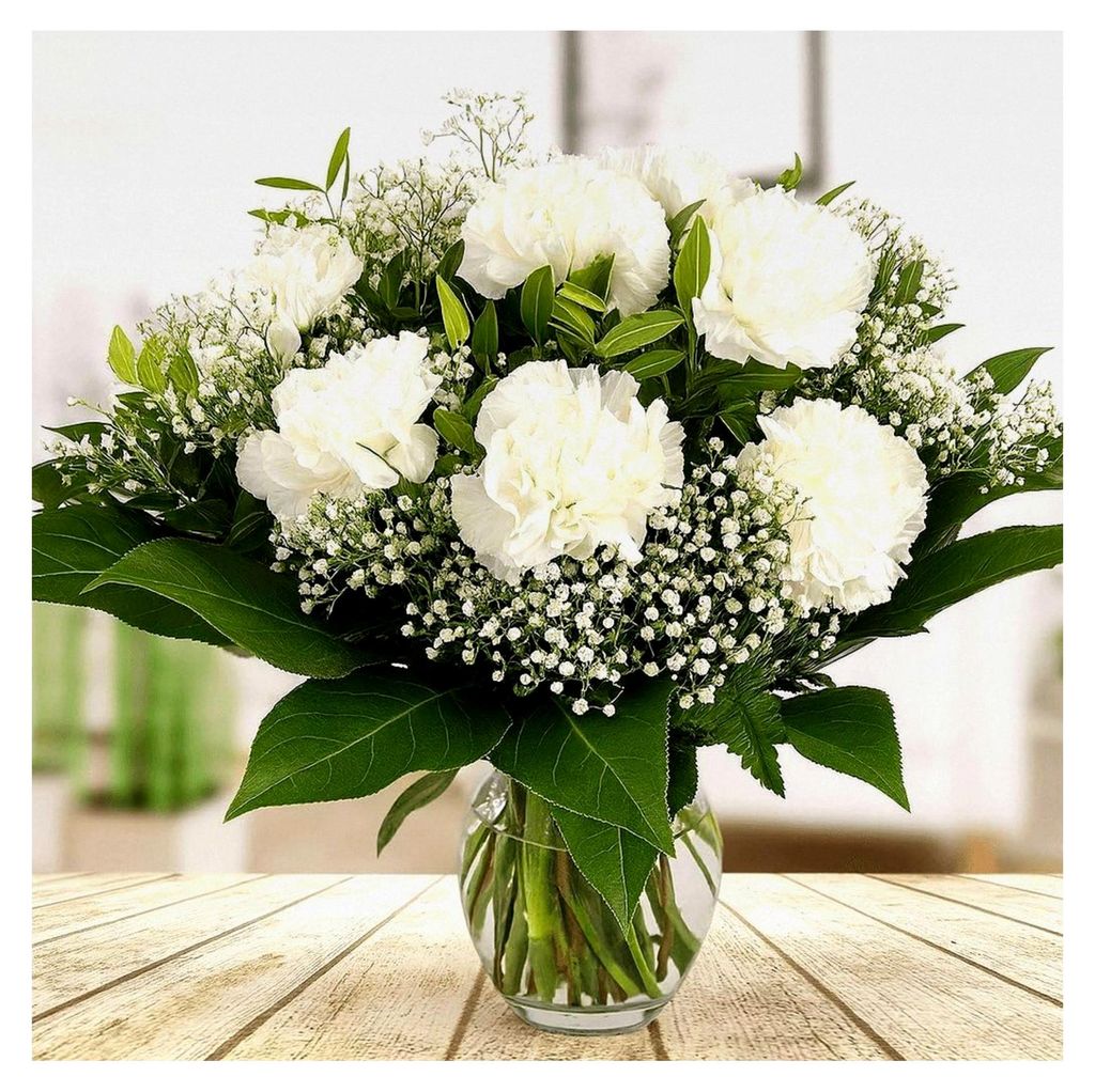 Blumenstrauß mit weißen Nelken und Schleierkraut - Inklusive Grußkarte