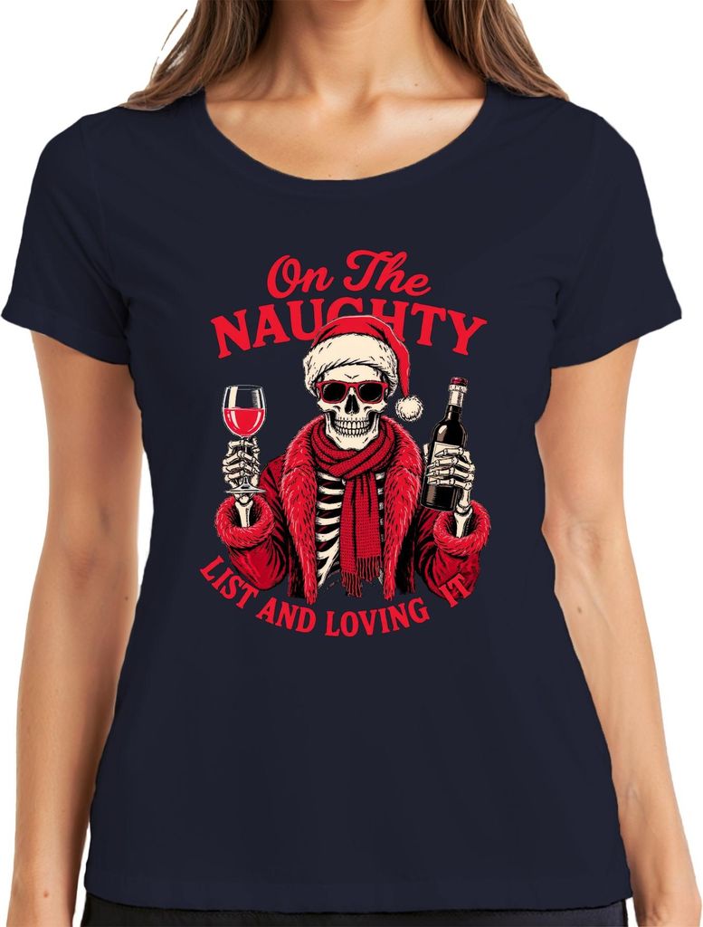 On The Naughty List And Loving It Weihnachten Totenkopf Wein Damen T-Shirt, Navy, XXL