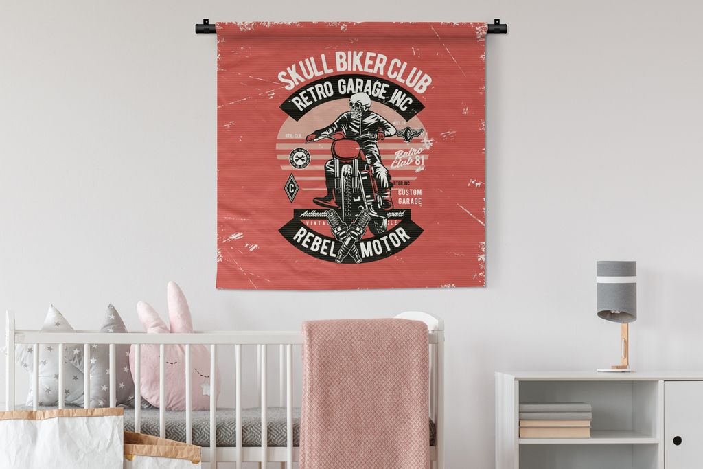 MuchoWow Wandteppich Wandbehang Motorrad - Skelett - Retro 90x90 cm Tapisserie Dekoration Wandtuch - Wandaufhänger