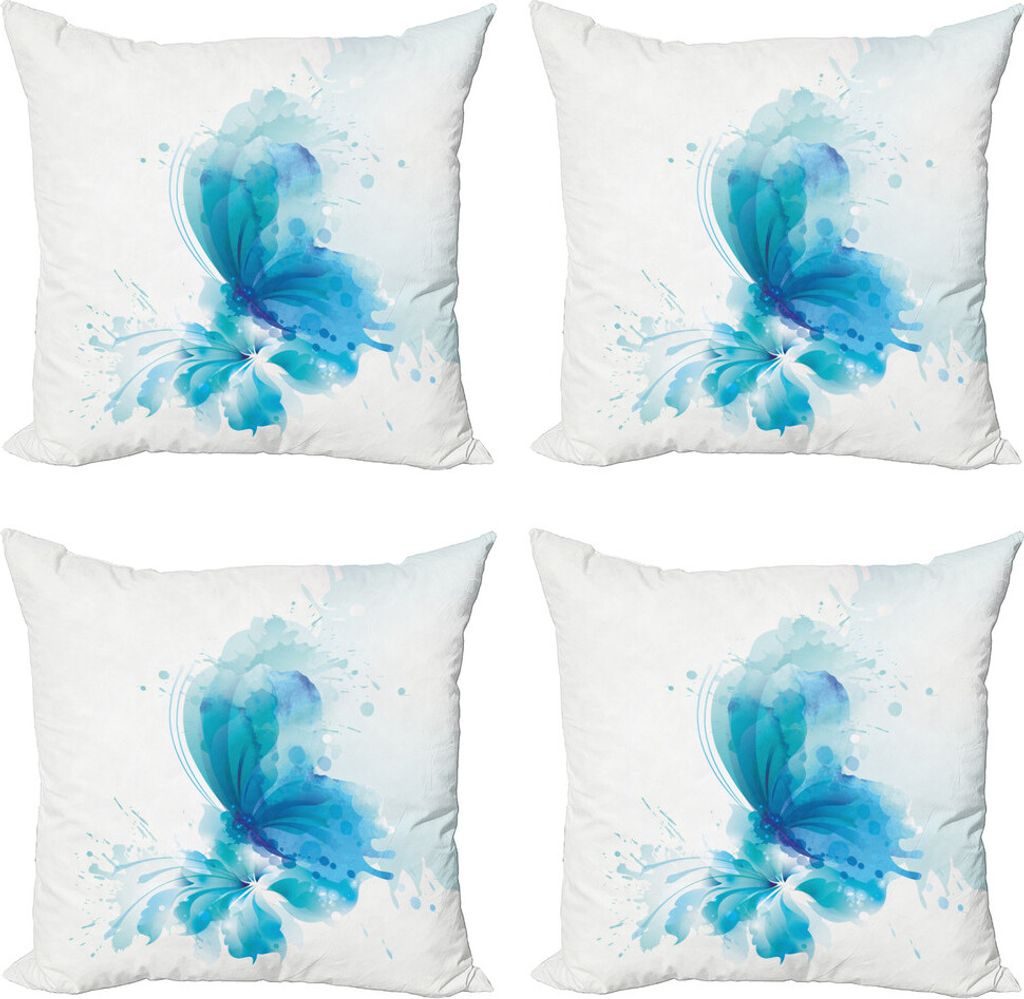 ABAKUHAUS Aquarell Kissenbezug Set (4 Stück), Schmetterling auf Blume, Moderner Doppelseitiger Digitaldruck, 60 cm x 60 cm, Blue Sky Blau Weiß