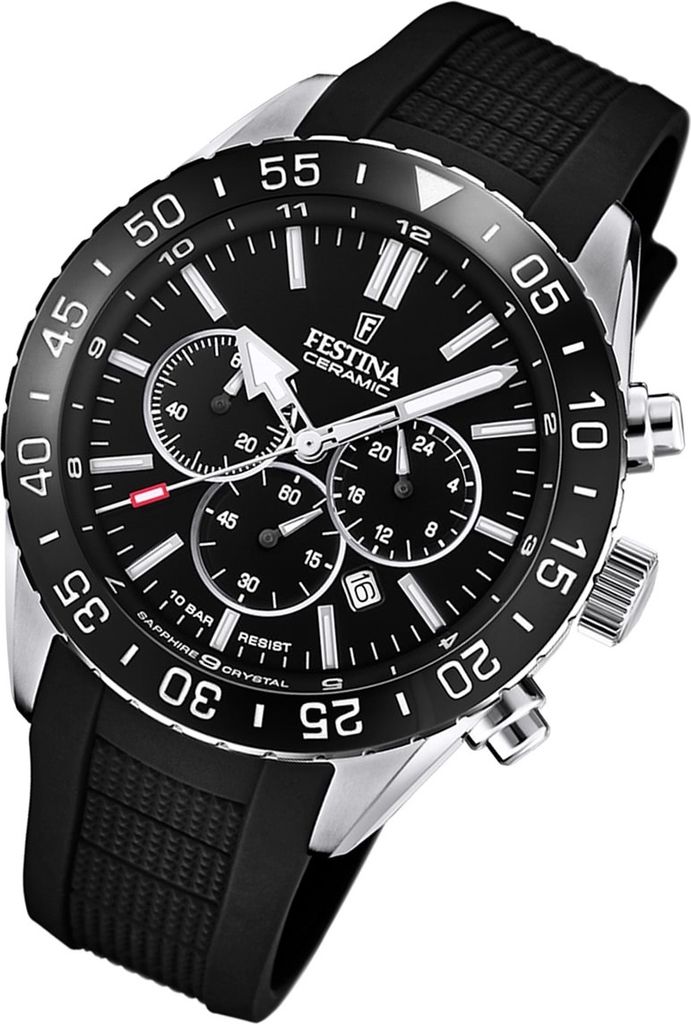A close-up, angled shot of a black Festina watch with a black rubber strap, set against a white background.