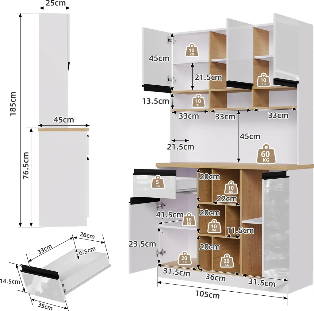 Bahut de Rangement Blanc Meuble Bas Entrée avec Étagères Réglables MDF - 4