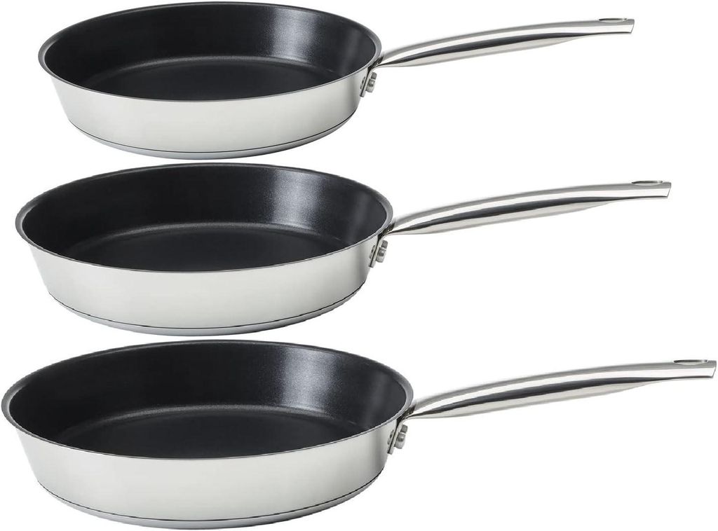 Brabantia Santiago Pfannenset Induktion 3 tlg, Edelstahl Antihaft-Pfanne 28 cm + 24 cm + 20cm, Backofenfest, Spülmaschinenfest, Brat-pfannen Set