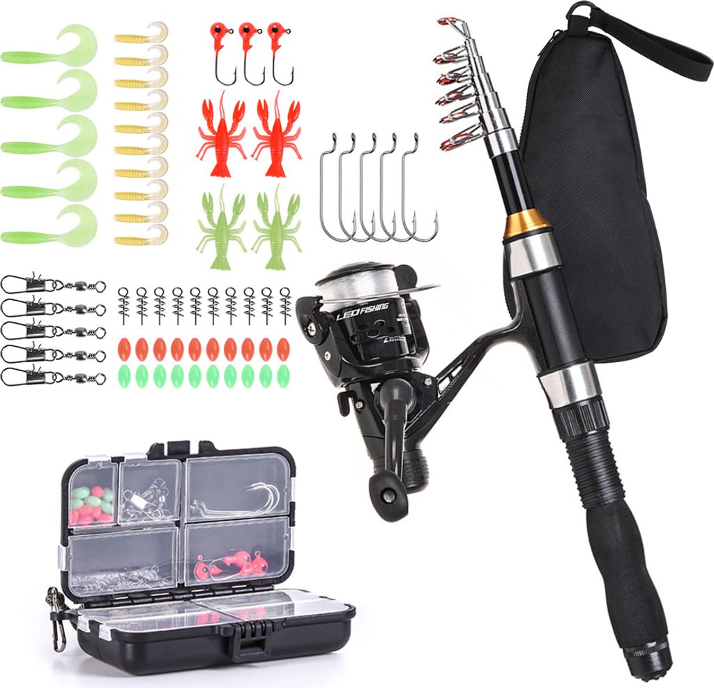 Angelrute Rolle Combo Full Kit 1,5 m Teleskop Angelrute Spinnrolle Set mit Haken Soft Lures Barrel Swivels Aufbewahrungstasche