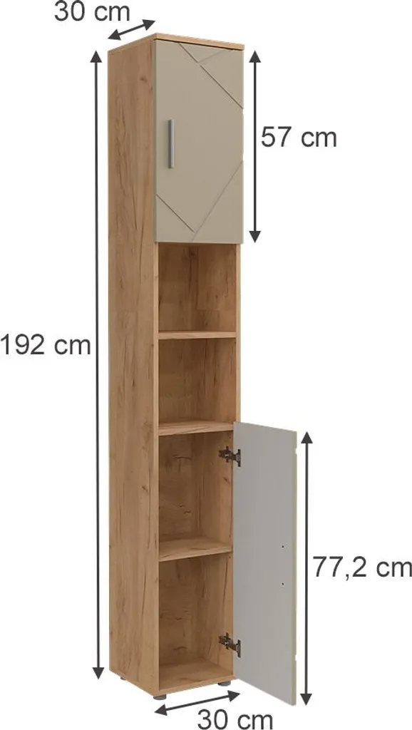 Vicco Armadio per il bagno Irma, 30 x 192 cm, Quercia dorata/Beige