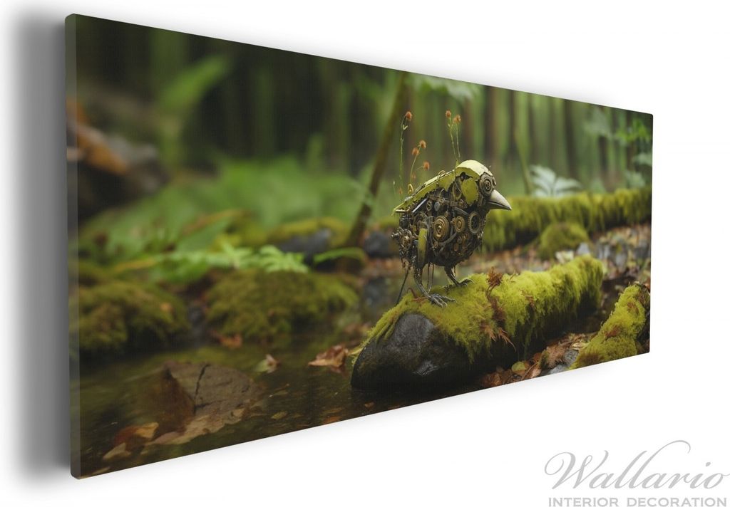 Wallario Premium Leinwandbild Mechanischer Waldvogel in Größe 30 x 75 cm