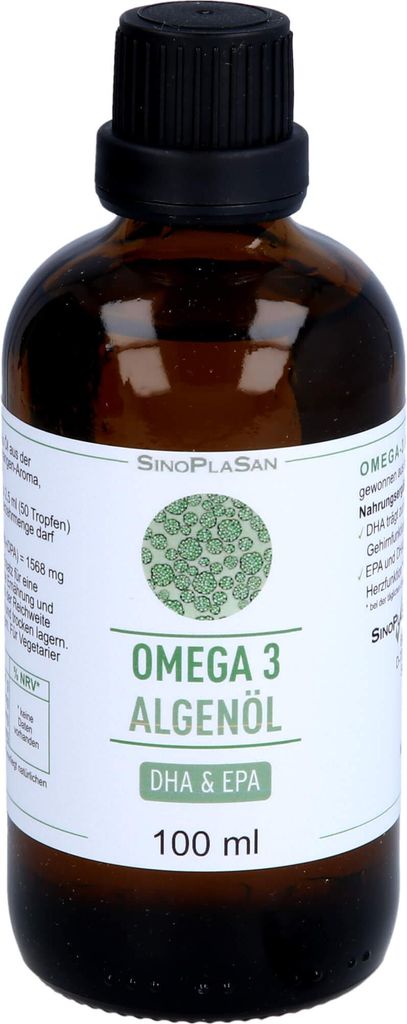 A bottle of Omega-3 Algenöl (Algae Oil) with a label detailing its contents and brand.