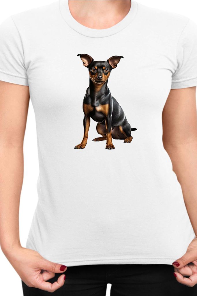 Damen T-Shirt Dogs Breeds Miniature Pinscher Dog Breed 006, Lady M / Weiß