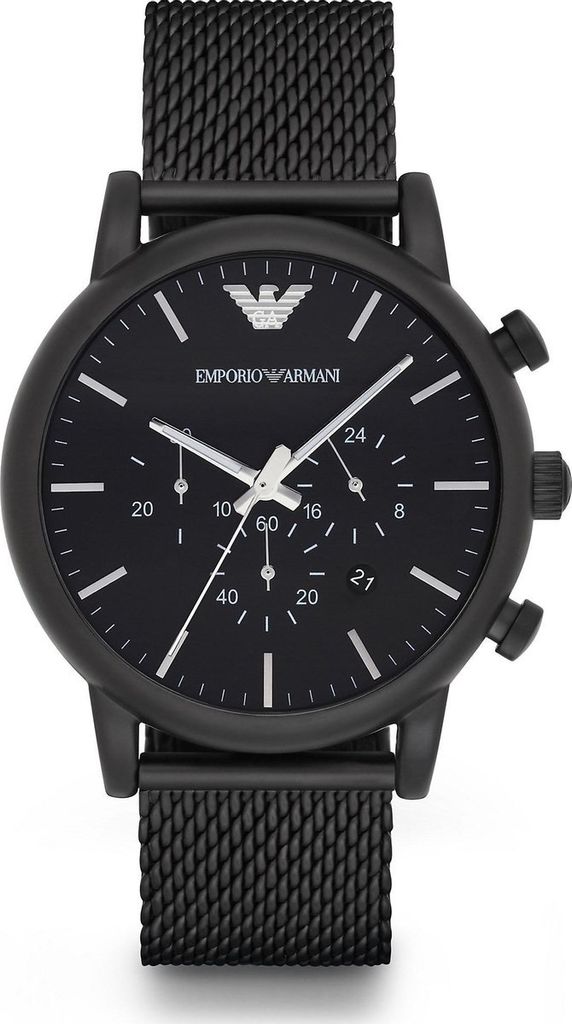 A close-up, front-facing studio shot of a black Emporio Armani watch.