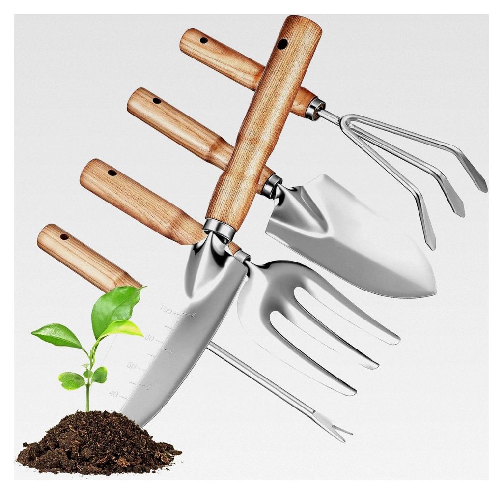 Gartengeräteset mit Edelstahlkellen und ergonomischem Holzgriff - Vielseitiges Set für Gartenarbeit und Terrasse
