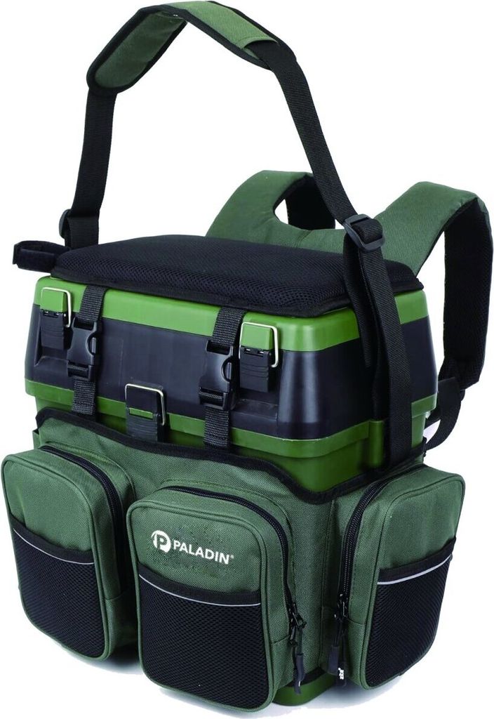 A green and black fishing backpack with multiple compartments and a cooler box on top.