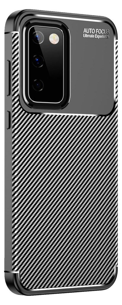 A close-up view of a black carbon fiber textured phone case with a camera module.