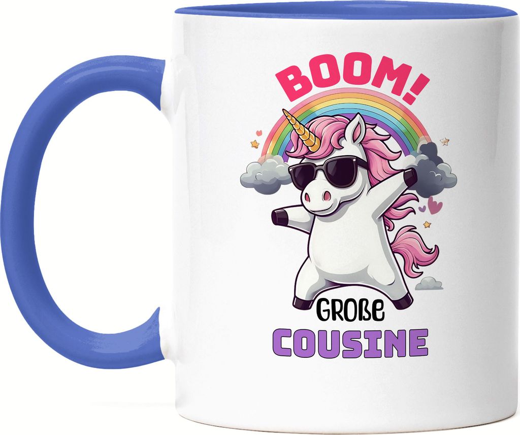 Boom Große Cousine Tasse Blau Geschenk Einhorn Familienfreude Babyparty Überraschung Cousine