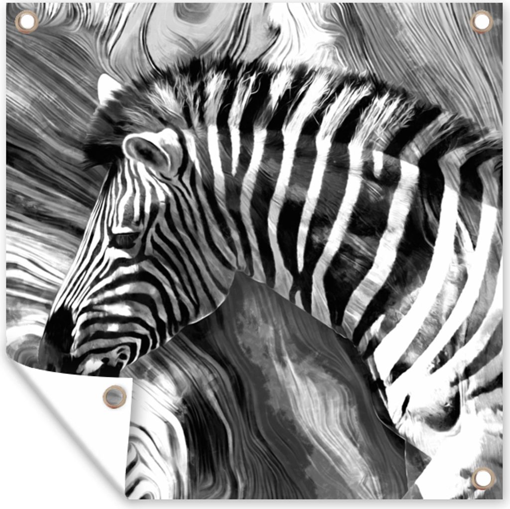MuchoWow 100x100 cm Outdoor-Poster Gartendeko Sichtschutz Garten Poster für den Garten Gemälde - Ölfarbe - Zebra - Tiere - Schwarz - Weiß