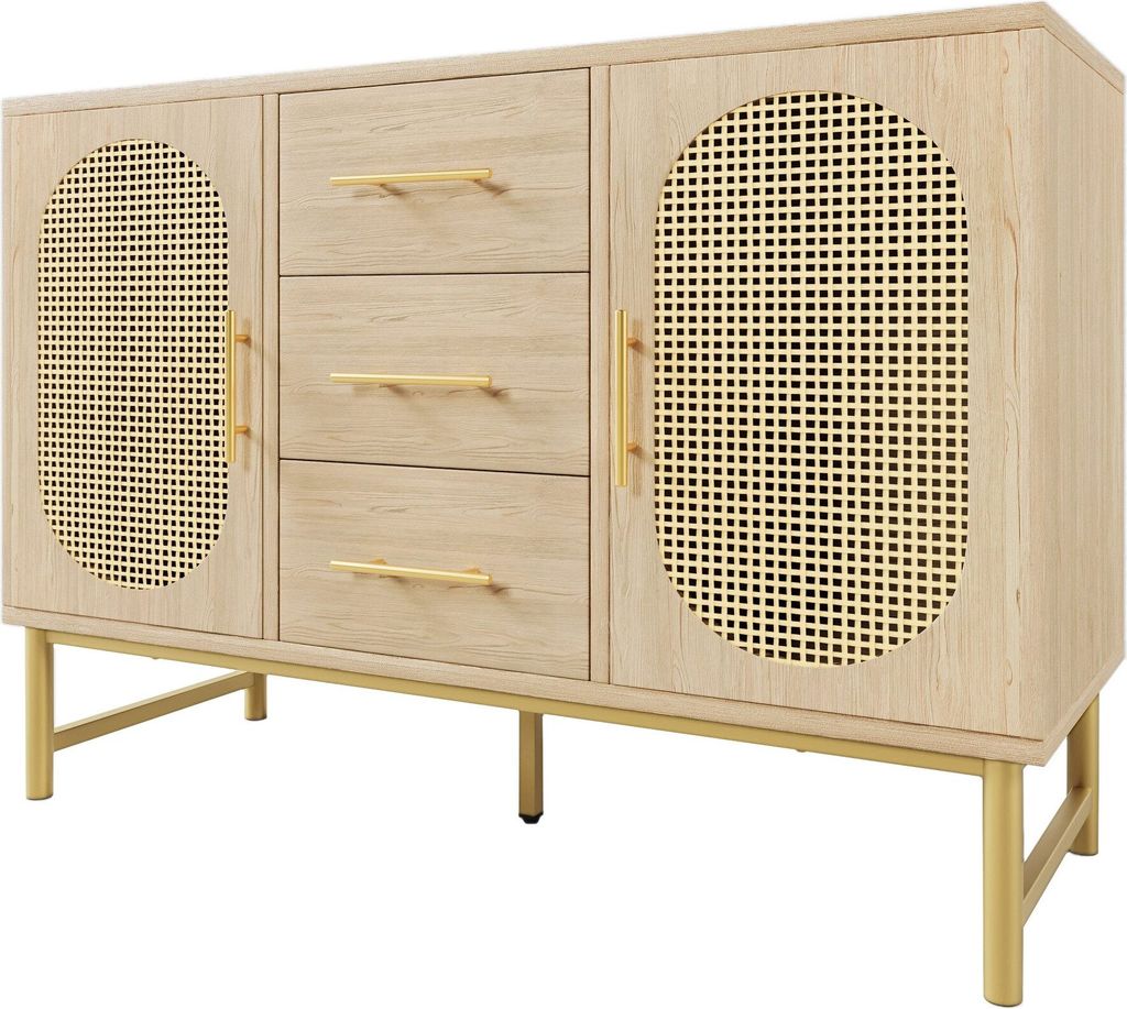 Rattan kommode Sideboard Aufbewahrungsschraenke mit 3-Schubladen und 2-Rattan-Tuerer Wohnzimmerschraenke Beistellschrank Verstellbare Regale Schmin...