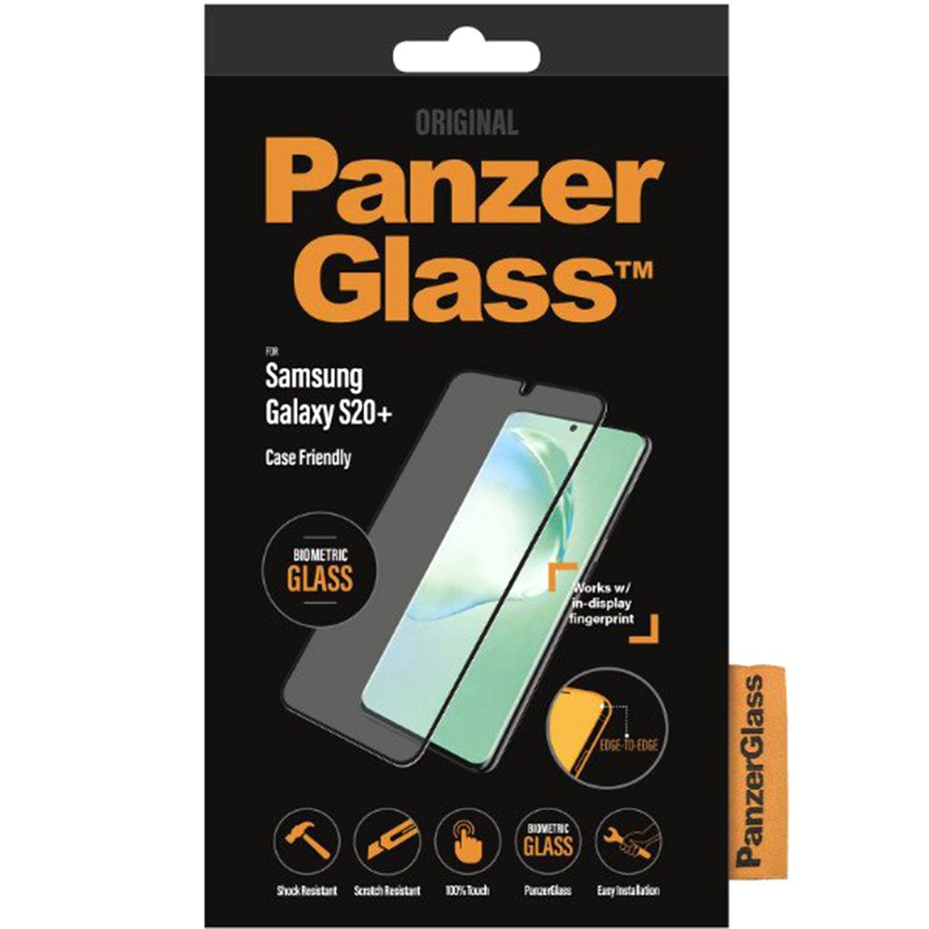 The image shows the packaging of a PanzerGlass screen protector for a Samsung Galaxy S20+.