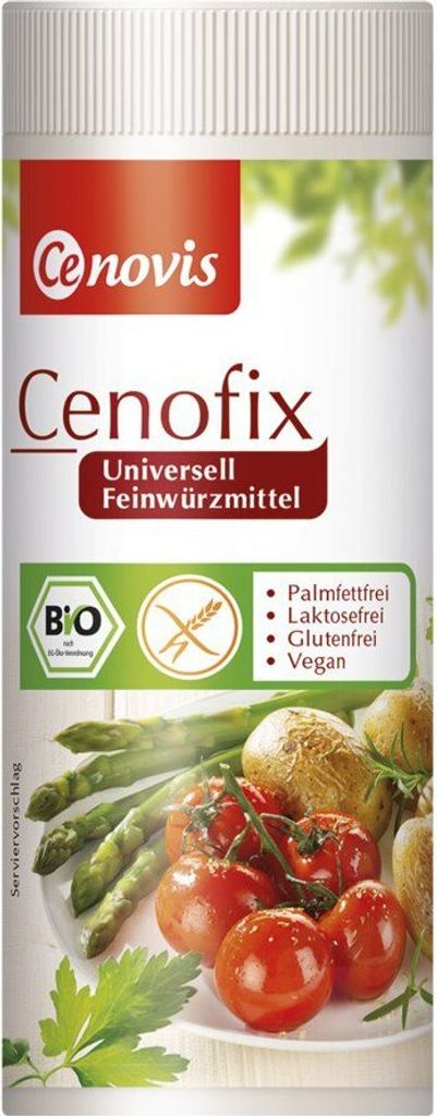 A product container with branding and product information, featuring an image of vegetables.