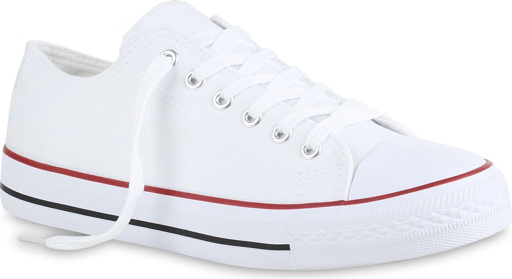 Mytrendshoe Herren Sneaker Low Basic Canvas Stoff Schuhe Turnschuhe Schnürer 820606, Farbe: Weiß Rotstreifen, Größe: 36