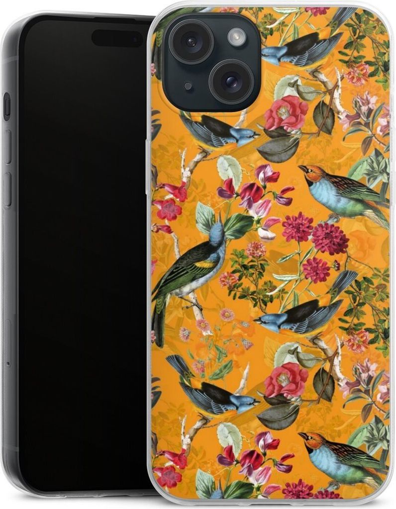 DeinDesign Slim Hülle für Apple iPhone 15 Plus Silikon Case Ultra Dünn Handyhülle Blumen Dschungel Vogel