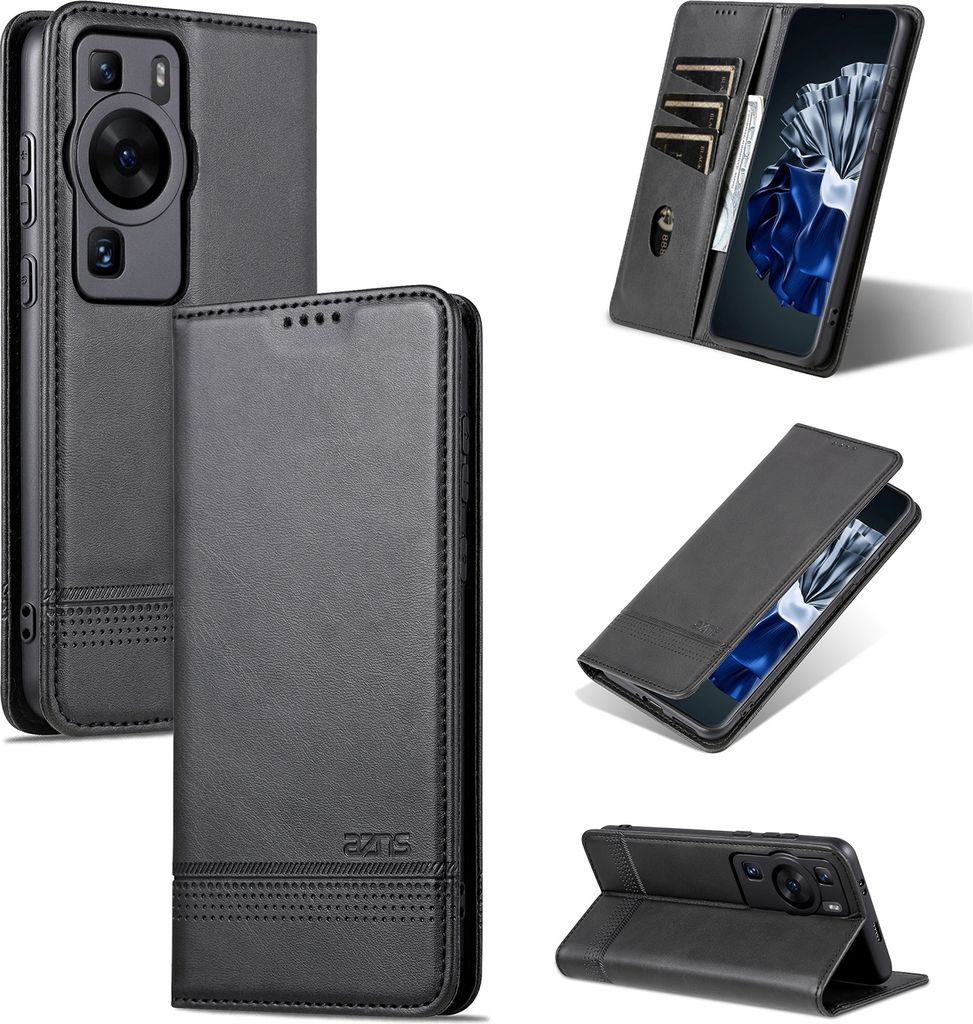 Leder Hülle für Huawei P60 / P60 Pro, Klapphüllen Brieftasche Magnetverschluss Ständer Schutzhülle Schwarz
