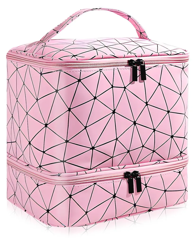Organiseur vernis à ongles double étage rose et sac cosmétique voyage