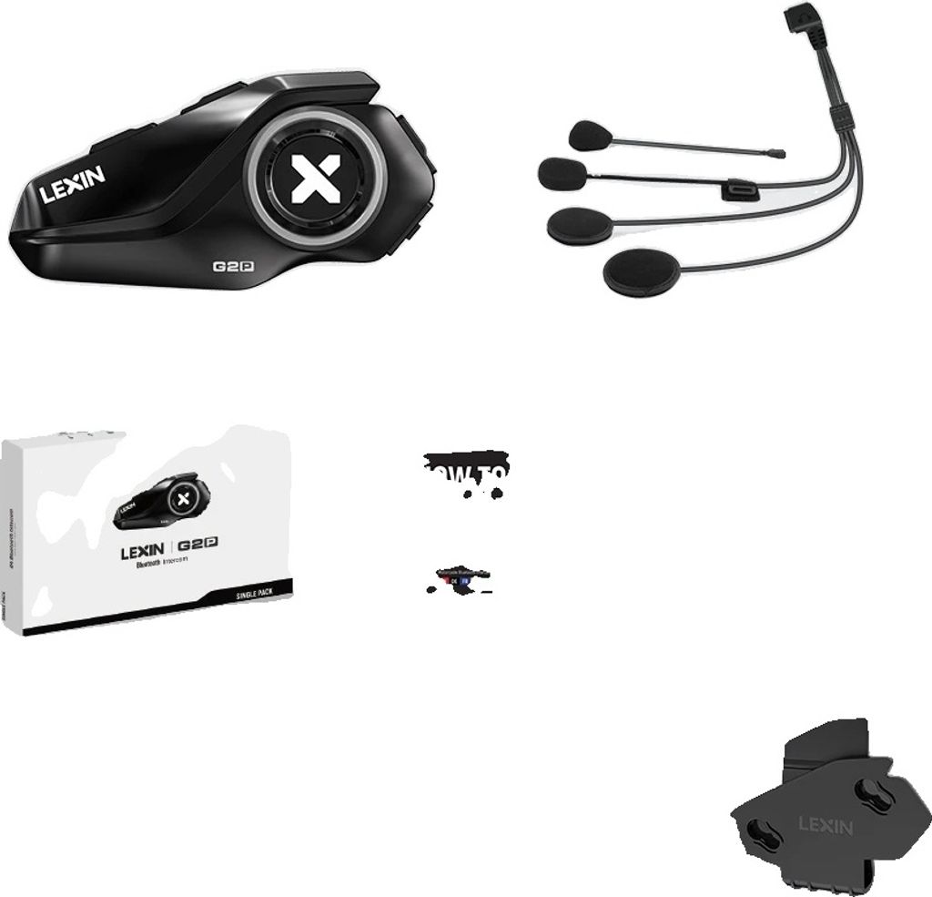 A product shot of a motorcycle intercom system and its accessories, presented on a white background.