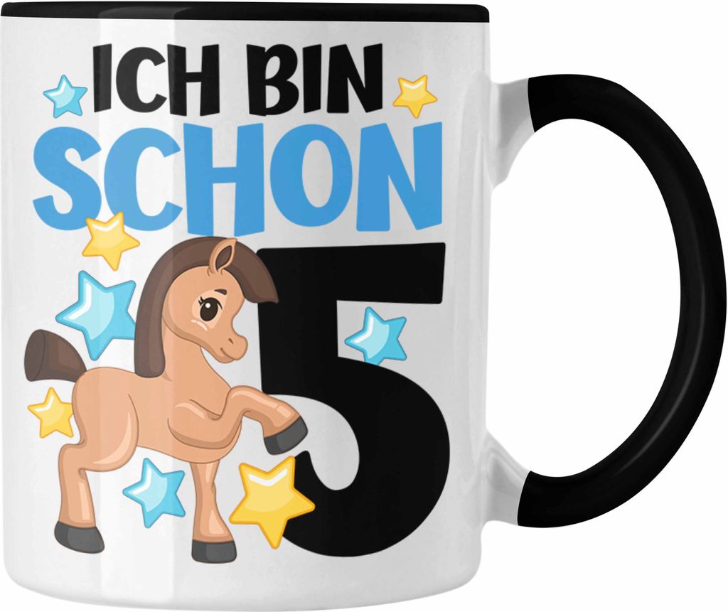 Trendation - 5. Geburtstag Mädchen Tasse Pferde Reiterin 5er Geburtstag Tochter Geschenkidee Kindergeburtstag 5 Jahre Alt (Schwarz)