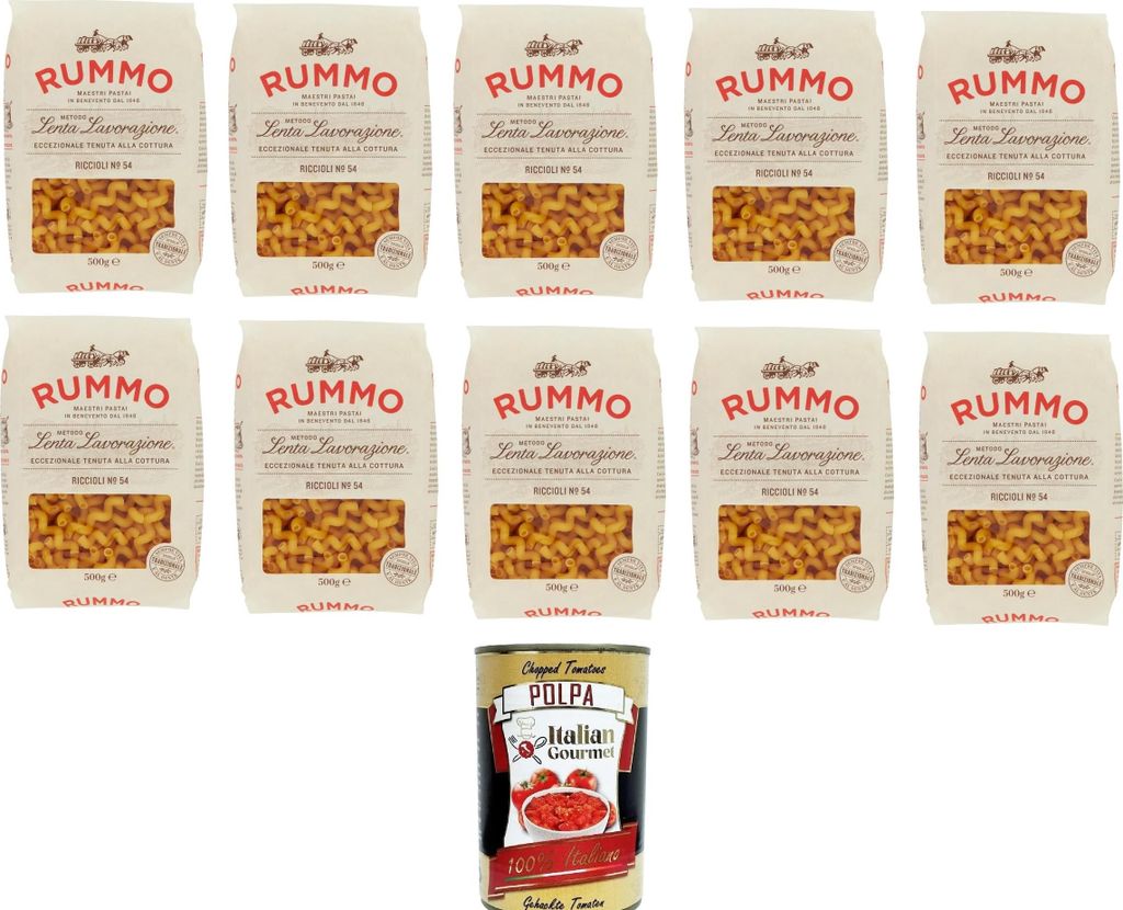 Rummo Riccioli n° 54 Pasta Lenta Lavorazione Teigwaren aus Hartweizengrieß Bronze-Zeichnung 10x 500g + Italian Gourmet polpa 400g
