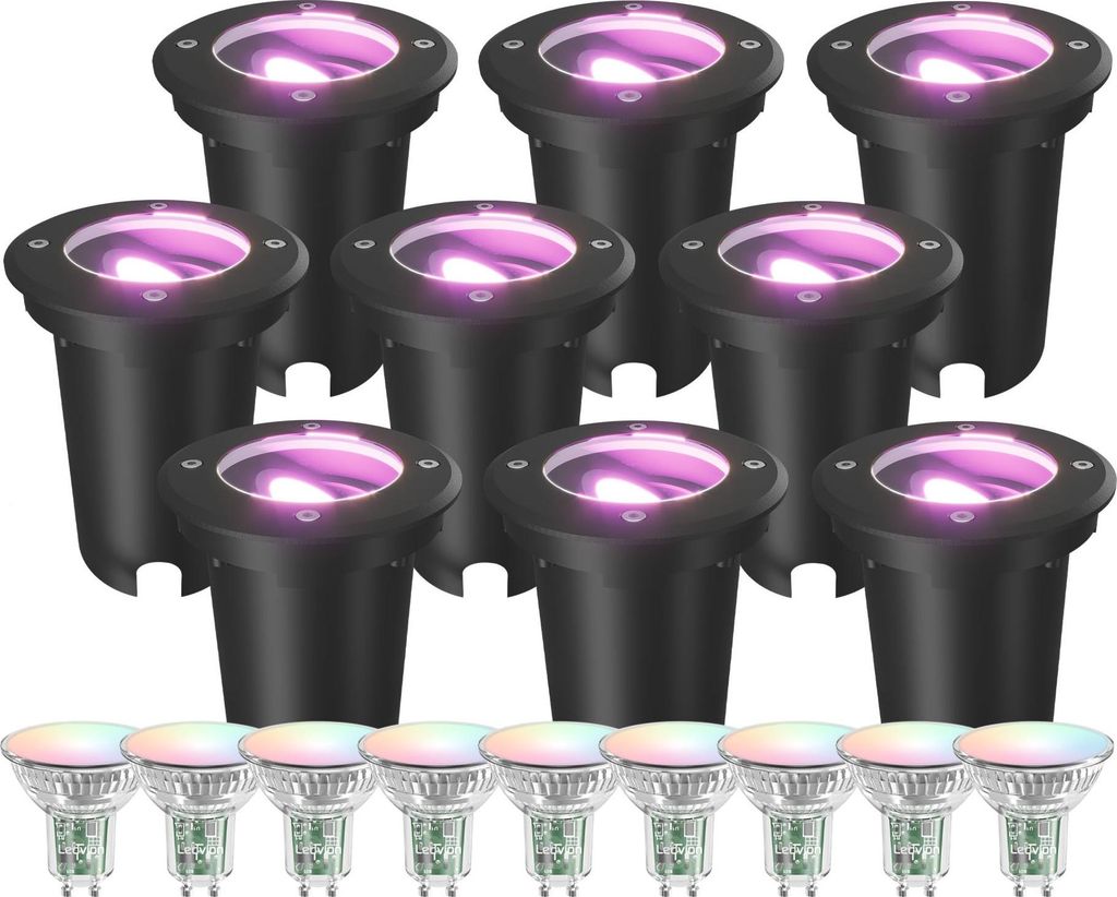 Ledvion - 9x Smart LED Bodeneinbauleuchte, 4,9W, RGB+CCT, IP67, 1m Kabel, kippbar, Außenbeleuchtung