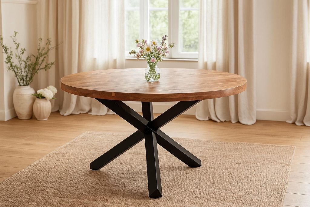 Esstisch rund Ø 120 cm Akazie natur massiv Sternfuß-Gestell schwarz RUNA